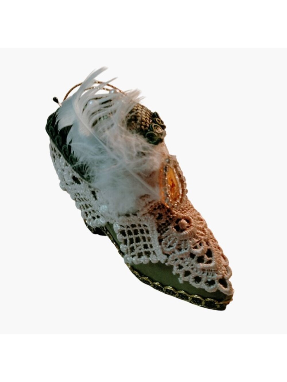 Victorian Style Shoe Ornament Lace Feather Pearl Jeweled Green Gold - Picture 4 of 11